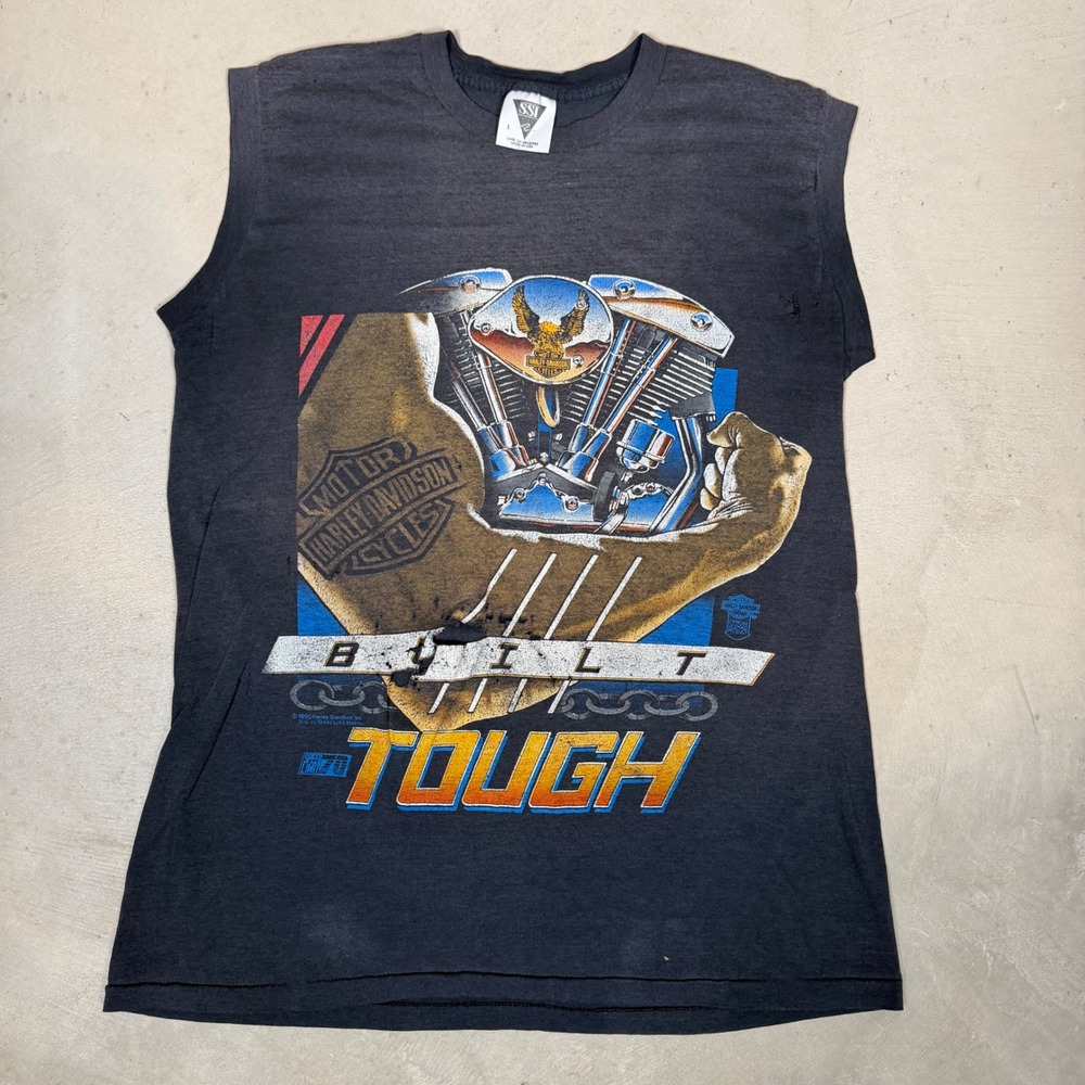 Vintage 1990 Harley Davidson Built Tough Sleeveless T-Shirt Black Mens L SSI